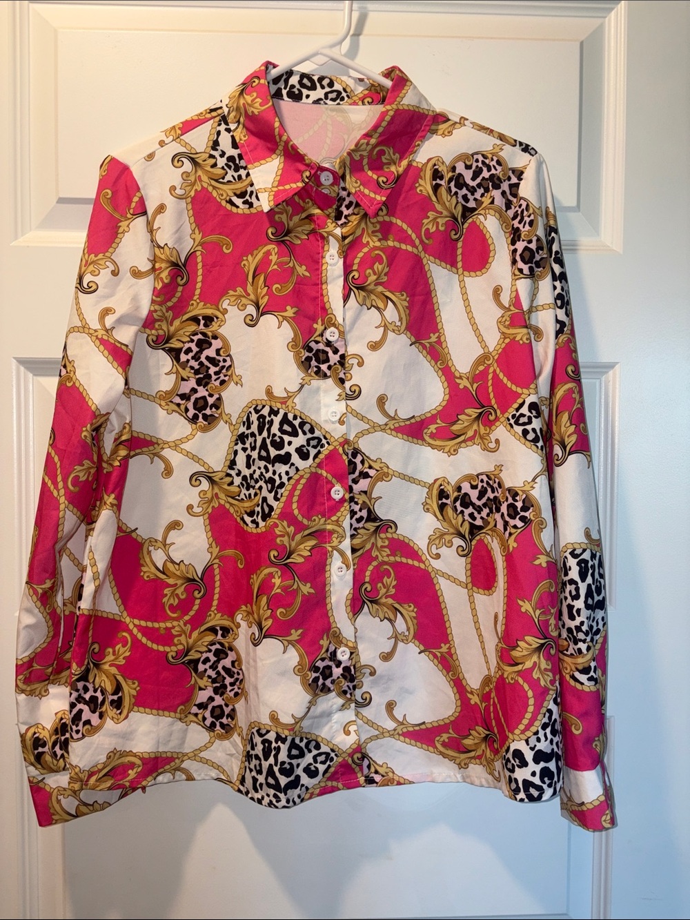 Pink White Gold Baroque Print Button-Down Shirt